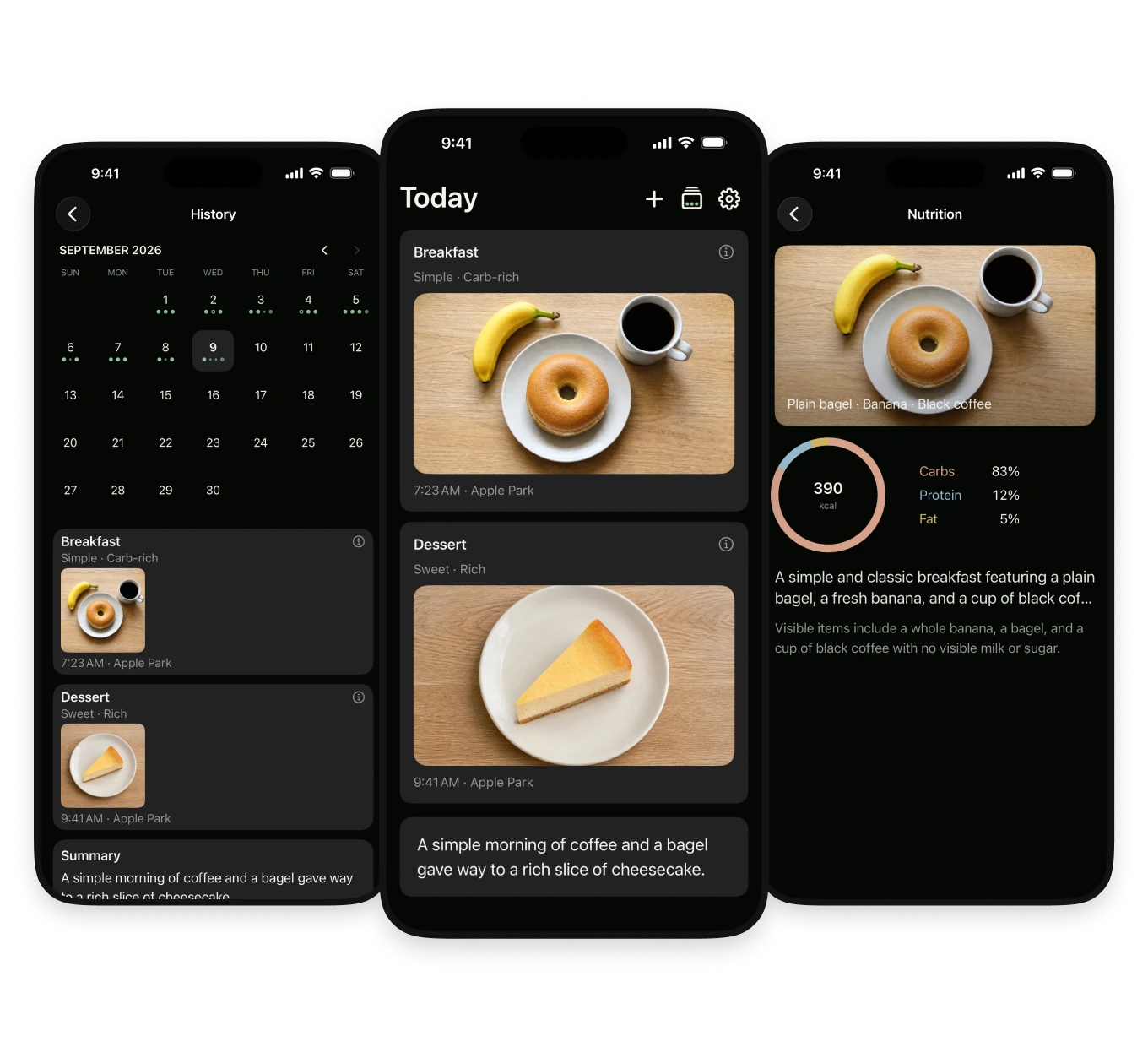 Today With app screens showing History, Today, and Nutrition in dark mode.